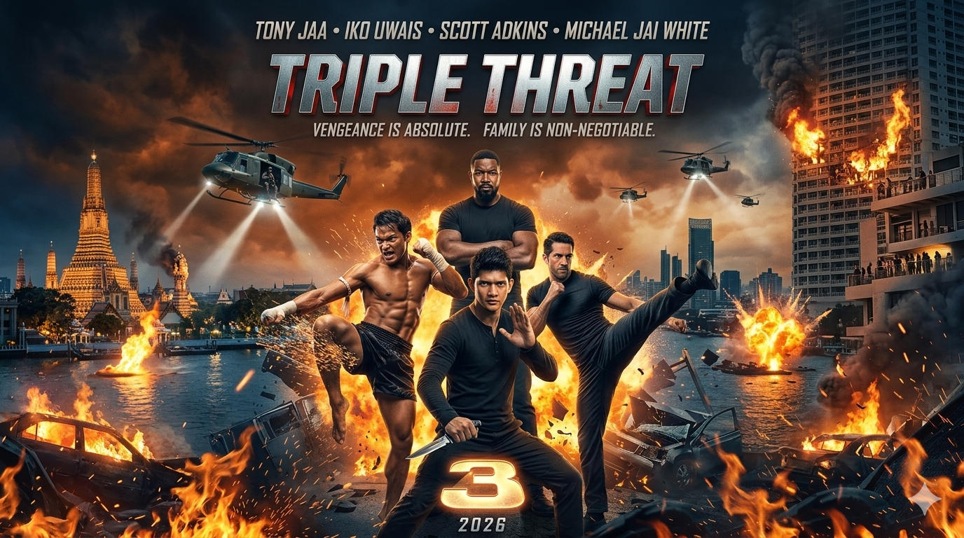Triple Threat 3 official movie poster featuring Tony Jaa, Iko Uwais, Scott Adkins, and Michael Jai White in an explosive action scene