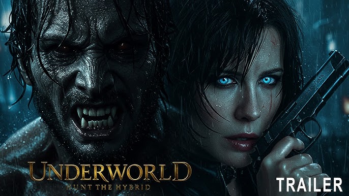 Selene holding a gun with two werewolves in the background - Underworld 6 Trailer