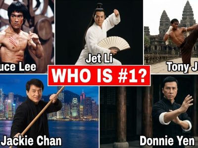 "Martial arts legends collage featuring Bruce Lee, Jet Li, Tony Jaa, Jackie Chan, and Donnie Yen with text Who Is #1?"