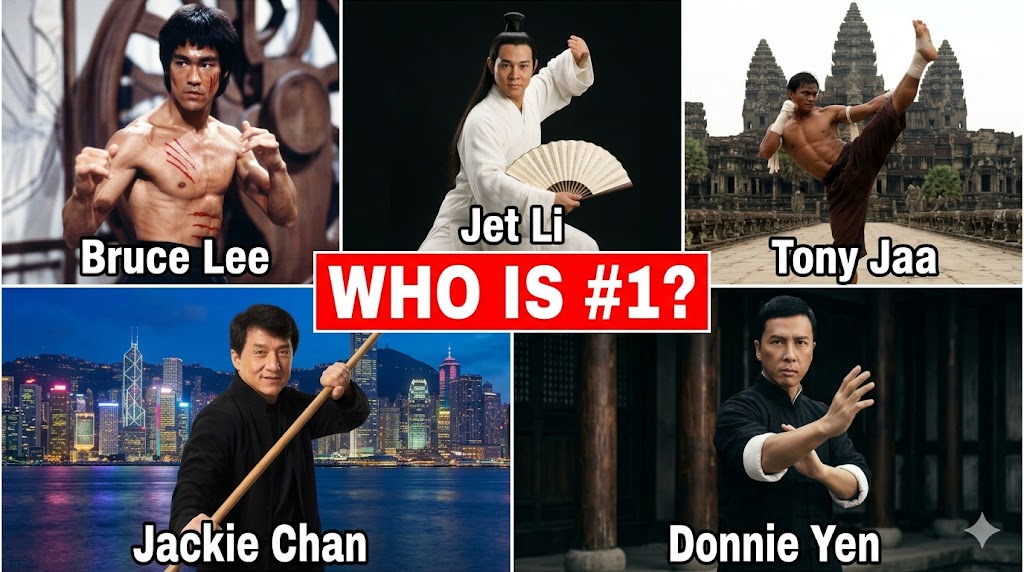 "Martial arts legends collage featuring Bruce Lee, Jet Li, Tony Jaa, Jackie Chan, and Donnie Yen with text Who Is #1?"