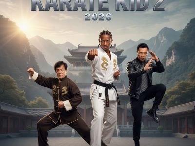 Alt Text: The Karate Kid 2 (2026) official movie poster featuring Jackie Chan, the new Karate Kid, and Donnie Yen in martial arts poses