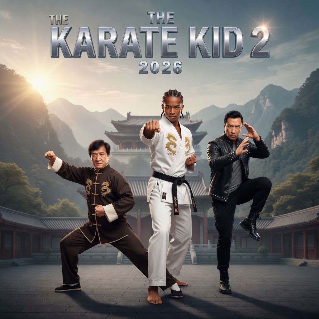Alt Text: The Karate Kid 2 (2026) official movie poster featuring Jackie Chan, the new Karate Kid, and Donnie Yen in martial arts poses