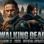 Official teaser poster for The Walking Dead Season 12 (2026) featuring Rick Grimes and Daryl Dixon facing the burning CRM skyline.