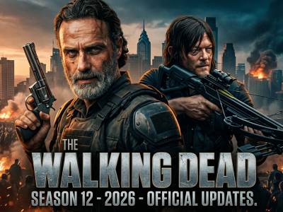 Official teaser poster for The Walking Dead Season 12 (2026) featuring Rick Grimes and Daryl Dixon facing the burning CRM skyline.