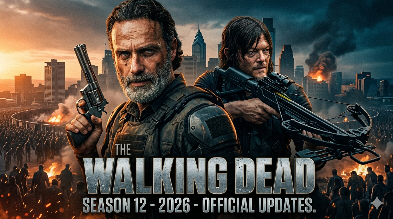 Official teaser poster for The Walking Dead Season 12 (2026) featuring Rick Grimes and Daryl Dixon facing the burning CRM skyline.